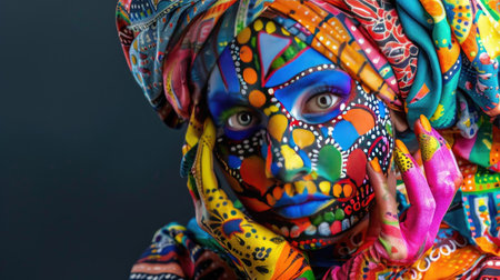 This striking portrait showcases a person with bold face paint and a vibrant headwrap, highlighting colorful patterns and artistic expression. The captivating use of color emphasizes individuality and cultural beauty against a dark background.の素材