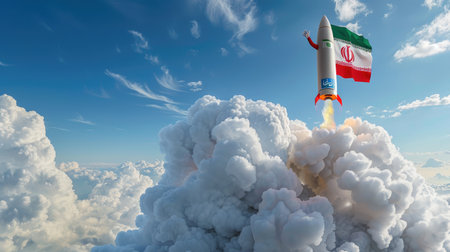 A captivating image of a rocket launching into a vibrant sky, showcasing dramatic clouds and a flag waving proudly, symbolizing ambition and innovation.の素材