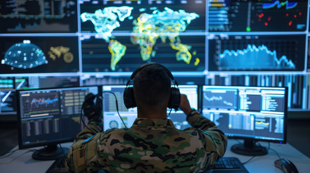 A military personnel focused on data analysis in a command center surrounded by multiple monitors displaying global maps and market trends.の素材