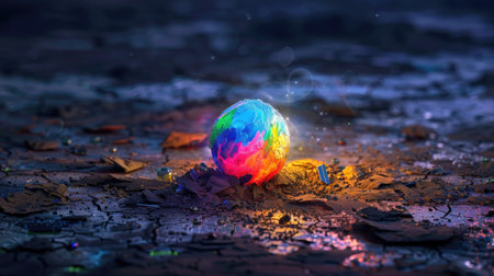 A vibrant, glowing sphere rests amidst a cracked earth surface, surrounded by colorful particles. This mystical scene captures the beauty of abstract art and creativity.の素材