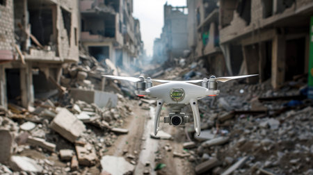 A drone navigates through a devastated urban area, capturing images of destruction. This aerial photography highlights the impact of disaster on city landscapes.の素材