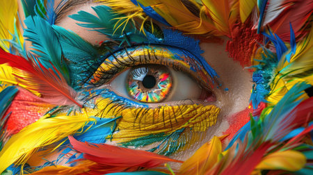 This stunning close-up portrait showcases a colorful eye framed by vibrant feathers and bold face paint, representing creativity and artistic expression.の素材
