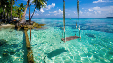 A serene beach scene captures a swing gently hanging over crystal clear turquoise waters, surrounded by lush palm trees and a picturesque sky.の素材