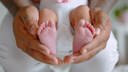 A heartwarming close-up of a parent gently holding a newborn's tiny feet, capturing the essence of love and tenderness in a serene indoor setting.の素材