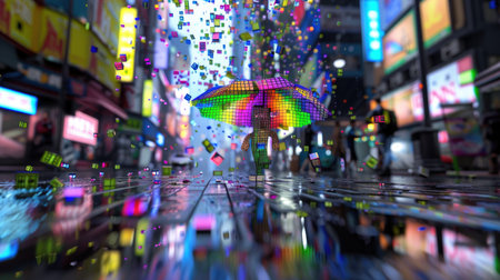 A vibrant scene depicting a person with a colorful umbrella standing in a rainy urban environment with neon lights and abstract shapes falling from the sky.の素材