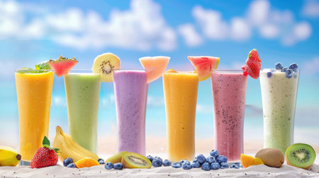 A stunning display of vibrant fruit smoothies in tall glasses, set against a bright beach backdrop, highlighting refreshing summer flavors, perfect for healthy enjoyment.の素材