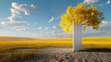 A surreal scene featuring a white door standing alone in a bright yellow field, crowned by a vibrant tree under expansive blue skies filled with clouds.の素材