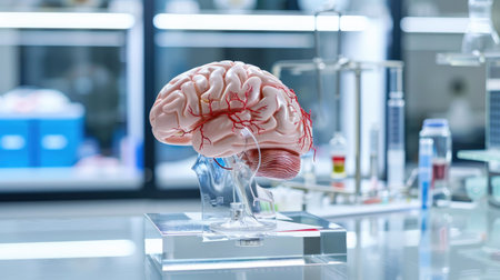 This image features a detailed human brain model, showcasing the vascular structure, set in a modern laboratory environment, ideal for educational materials.の素材
