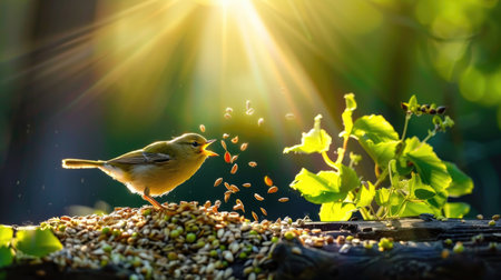 A small yellow bird forages seeds in a sunlit setting, surrounded by vibrant green foliage, creating a serene and beautiful natural scene.の素材