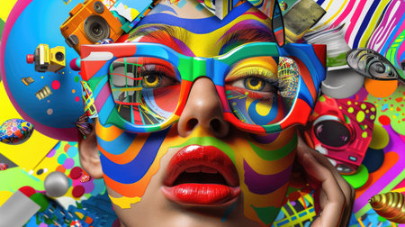 This captivating image features a vibrant and colorful portrait blending artistic patterns and creative elements, showcasing bold fashion glasses and playful emotions.の素材