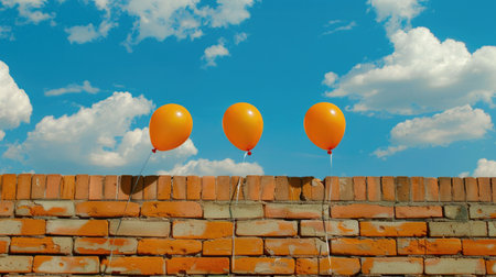A trio of vibrant yellow balloons floats against a striking blue sky filled with fluffy clouds, next to a textured brick wall, evoking a sense of joy and celebration.の素材