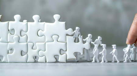A creative visualization of teamwork featuring white puzzle pieces and miniature figures collaborating effectively. This image symbolizes unity and problem-solving in various professional settings.の素材
