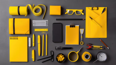 Brighten your workspace with this vibrant arrangement of yellow stationery and office supplies. Perfect for creative projects and organization.の素材