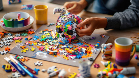 A vibrant art project displays colorful puzzle pieces being assembled into a skull shape on a wooden table, showcasing creativity and hands-on fun.の素材