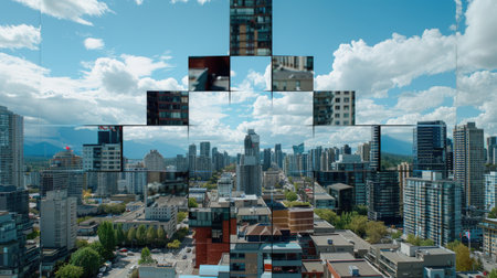 A stunning urban landscape featuring a blend of modern architecture and natural beauty, showcasing bright blue skies, fluffy clouds, and city towers in reflection.の素材