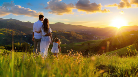 A heartwarming scene captures a family walking hand in hand during a stunning sunset, surrounded by vibrant green fields and majestic mountains.の素材