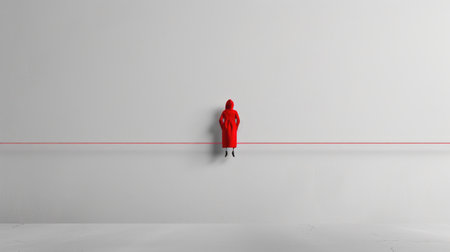 A striking image of a solitary figure dressed in a vivid red cloak stands against a stark white wall, enhanced by a subtle pink line. This minimalist composition evokes emotions of isolation and contemplation, merging contemporary design with powerful visual storytelling.の素材