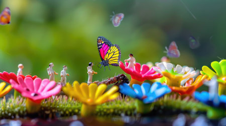 A whimsical miniature scene showcasing playful figures surrounded by vibrant flowers and butterflies, all set in a lush garden atmosphere.の素材