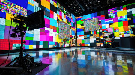 This image showcases a modern exhibition space adorned with vibrant digital art, featuring abstract patterns and textures that create an immersive experience.の素材