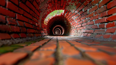 This image showcases a captivating perspective view into a red brick tunnel, emphasizing its curved pathway and intricate texture, ideal for architectural themes.の素材