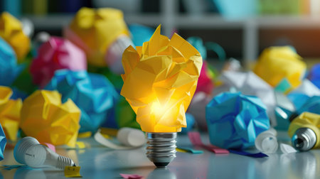 This image showcases a creative light bulb surrounded by vibrant crumpled paper balls, symbolizing innovation and inspiration in design and brainstorming.の素材