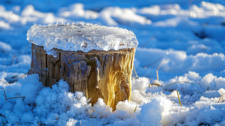 A serene winter scene showcasing a frosted wooden log with ice crystals on top, surrounded by fresh snow, illuminated by warm sunlight.の素材