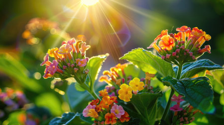 Lantana flowers burst with color under a gentle morning sun, creating a serene atmosphere. The vibrant petals shine, capturing the beauty of nature.の素材