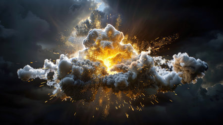 A striking image of a powerful explosion bursting from dark clouds, illuminating the stormy sky with fiery colors. This dramatic scene captures the raw energy of nature.の素材