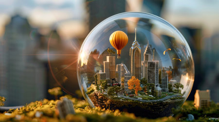 A captivating view of a miniature city within a glass sphere, with a hot air balloon and green landscapes, showcasing creativity and serenity in urban design.の素材