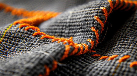 Detailed close-up of textured fabric featuring vibrant orange stitching against a gray background. Ideal for textile and fashion design inspiration.の素材