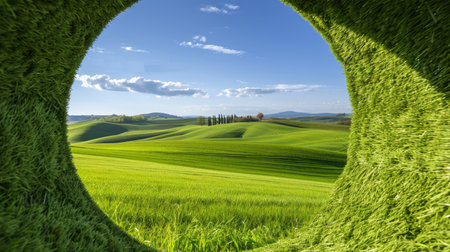 Captivating landscape of lush green hills framed by a natural arch, showcasing the serene beauty of Tuscany under a clear blue sky.の素材