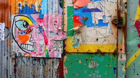 This captivating image showcases an abstract mix of urban art featuring vibrant colors and textures on a rusty metal surface, highlighting decay and creativity.の素材