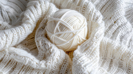 A close-up of a soft white yarn ball nestled in a textured knit blanket. This cozy scene captures the essence of crafting and creativity, inviting warm feelings.の素材