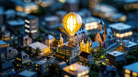 A captivating scene featuring a hot air balloon shining brightly above a miniature cityscape at dusk, showcasing intricate details of buildings and warm lighting that evoke a sense of whimsy and charm.の素材