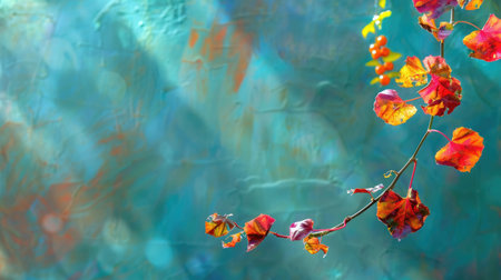 A stunning image showcasing vibrant autumn leaves in shades of orange and red against a colorful, textured background. The soft bokeh effect adds a serene touch.の素材