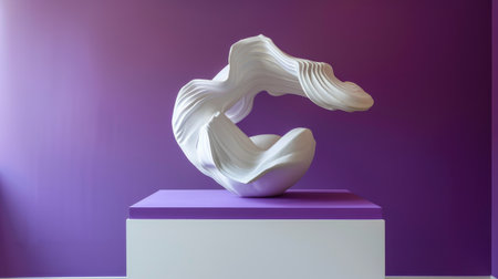 An elegant white abstract sculpture showcases flowing textures, set against a vibrant purple background in a contemporary gallery. The design inspires creativity and tranquility.の素材