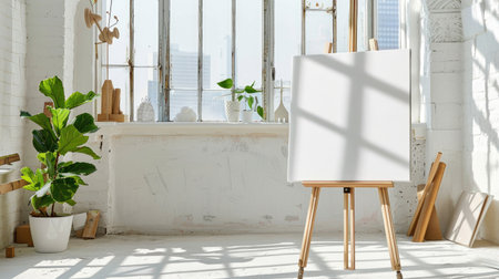 A serene artist studio featuring an easel with a blank canvas, illuminated by natural light through large windows, creating an inspiring and tranquil environment.の素材