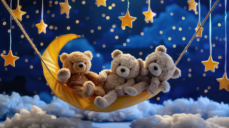 Three adorable teddy bears lounge in a cozy hammock, surrounded by fluffy clouds and twinkling stars, creating a serene and whimsical nighttime scene.の素材