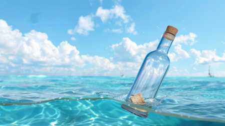 A captivating image of a clear glass bottle floating on tranquil blue water, capturing the essence of adventure and hope under a bright, cloud-filled sky.の素材