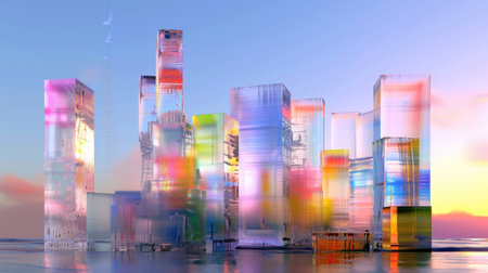This captivating image features an abstract skyline with vibrant glass structures. The reflections in the calm water during sunset create a dreamlike atmosphere, perfect for artistic projects.の素材