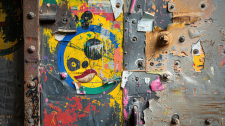 This vibrant urban graffiti showcases a playful smiley face design amid weathered metal textures, capturing the essence of street art and creativity.の素材