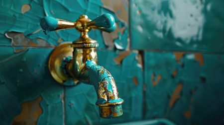 This captivating image features a vintage faucet displaying beautiful patina against a textured teal wall, creating a rustic charm in any bathroom setting.の素材