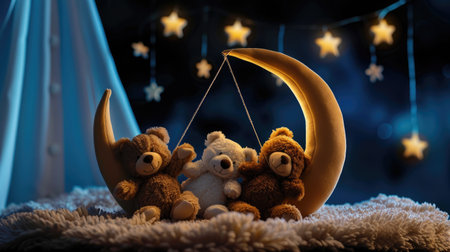 This enchanting image showcases three adorable teddy bears perched on a crescent moon with glowing stars in a dark, dreamy background, perfect for children's room decor.の素材