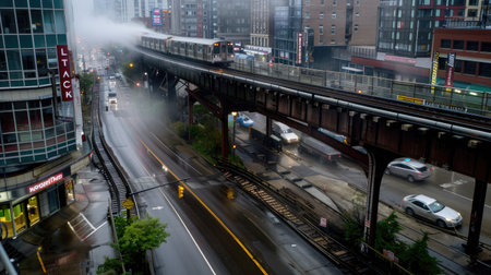 A captivating urban scene featuring an elevated train running through a rainy cityscape, enveloped in mist and creating a dynamic atmosphere.の素材