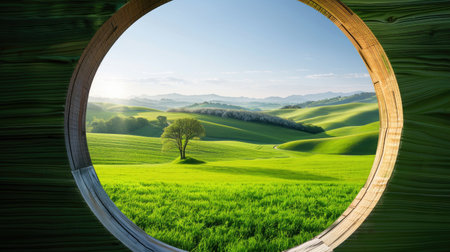 A stunning view of lush green hills and a solitary tree captured through a circular wooden window, evoking tranquility and a love for nature.の素材