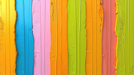 This image features an array of vibrant paint stripes on a textured wooden surface, combining bright hues of blue, pink, green, and orange, evoking an artistic and playful atmosphere perfect for creative projects.の素材