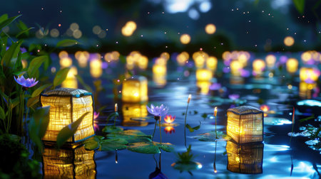 Experience a peaceful scene of floating lanterns illuminating a serene lake, surrounded by vibrant water lilies. The soft glow creates a magical ambiance.の素材