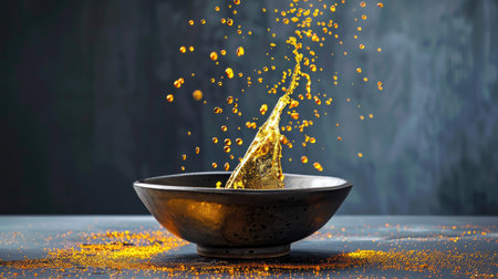 A mesmerizing splash of golden liquid rises from a black bowl surrounded by turmeric powder, capturing motion and vibrancy in culinary art.の素材