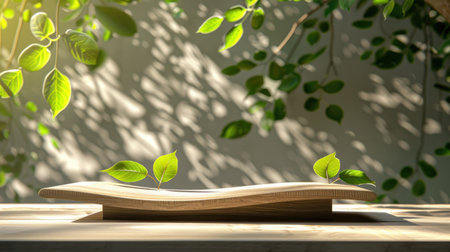 A calming scene showcasing fresh green leaves emerging from a smooth wooden surface, illuminated by soft light, creating a tranquil and natural atmosphere.の素材