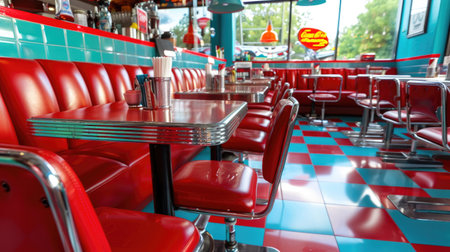 Bright and inviting retro diner showcasing colorful seating and a checkered floor, creating a warm and nostalgic atmosphere perfect for gatherings.の素材